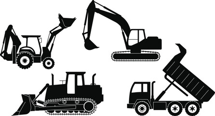 Silhouettes of construction vehicles including backhoe loader, excavator, bulldozer, and dump truck representing heavy machinery, earthmoving, building, and industrial work © Hey Abdullah