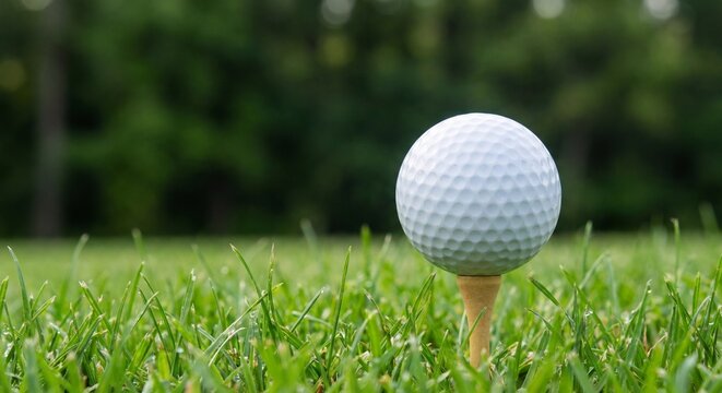 A white golf ball rests on a wooden tee in lush green grass A white golf ball rests on a wooden tee in green grass with trees in the blurred background