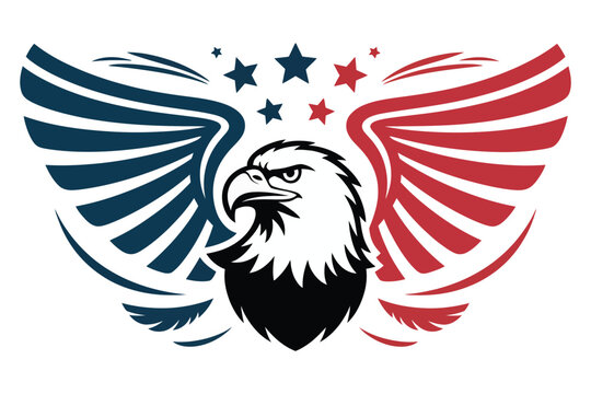 American eagle head logo with stylized red white and blue wings and stars representing united states patriotism and national freedom theme