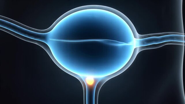 Medical Bladder, cinematic 3D animation of vibrant glowing human urinary bladder filling with fluid then emptying, representing health, medicine