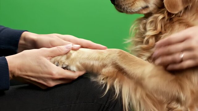 Therapy Dog Interaction Gentle Hands Petting Golden Retriever Paw Isolated Green Screen Background Healthcare Emotional Support Concept
