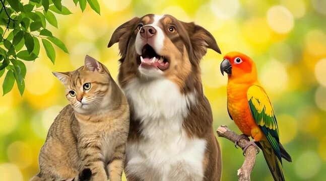 Dog, cat, and parrot sitting together outdoors