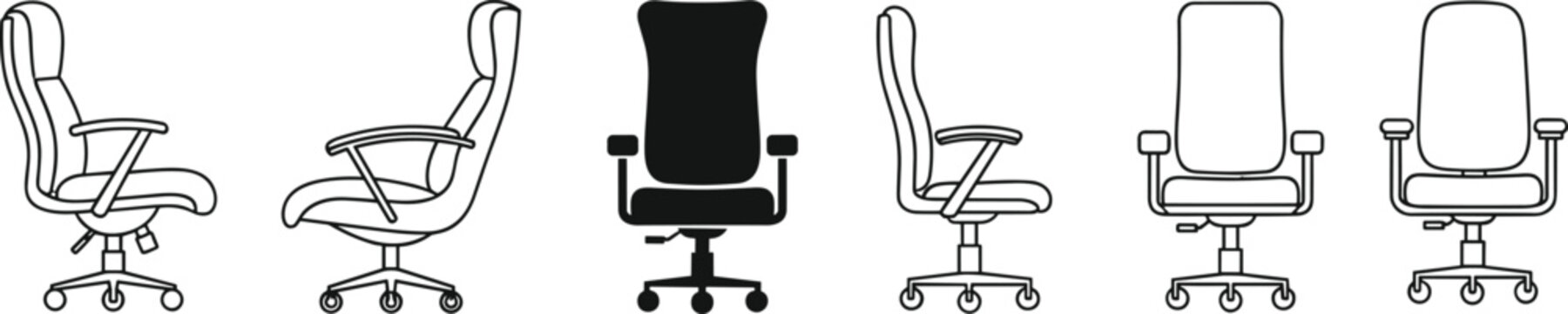 Office chair icon set featuring executive swivel chairs in side and front views in line art and silhouette for workplace, business, and corporate furniture design.