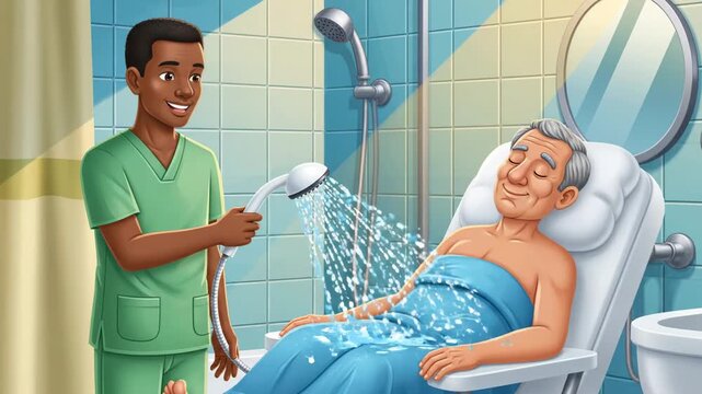 Caregiver assisting senior man with shower in bathroom illustration emphasizing comfort and dignity