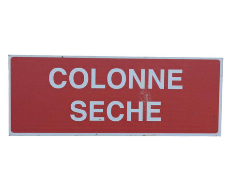 Transparent background PNG of French red fire hydrant sign "COLONNE SECHE", industrial safety sign, isolated on black.