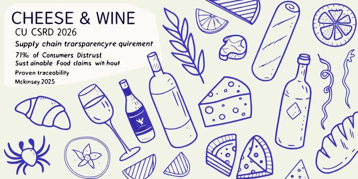 A colorful sketch of cheese wine and related food items with text overlays