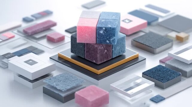 A 3D rendered cube with varied colored sections on a layered platform surrounded by multiple similar objects