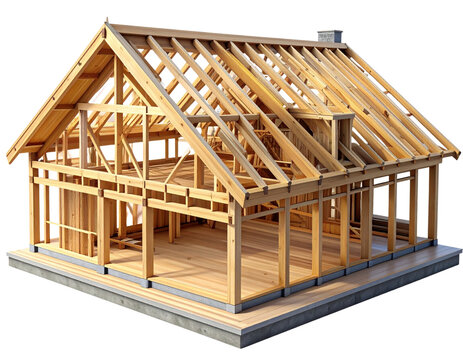 Timber Frame House Skeleton, Residential Construction Model, Architectural Structure, Isolated PNG