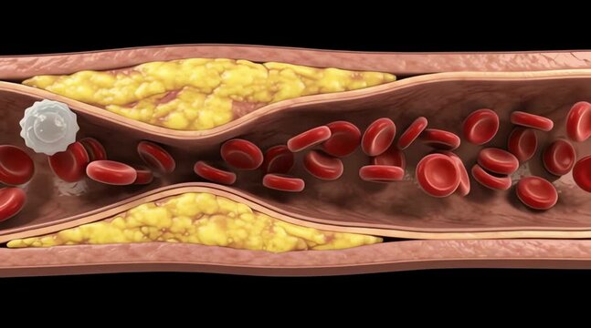 Medical 3D Illustration of Atherosclerosis Showing Cholesterol Plaque Buildup Narrowing an Artery with Red Blood Cells