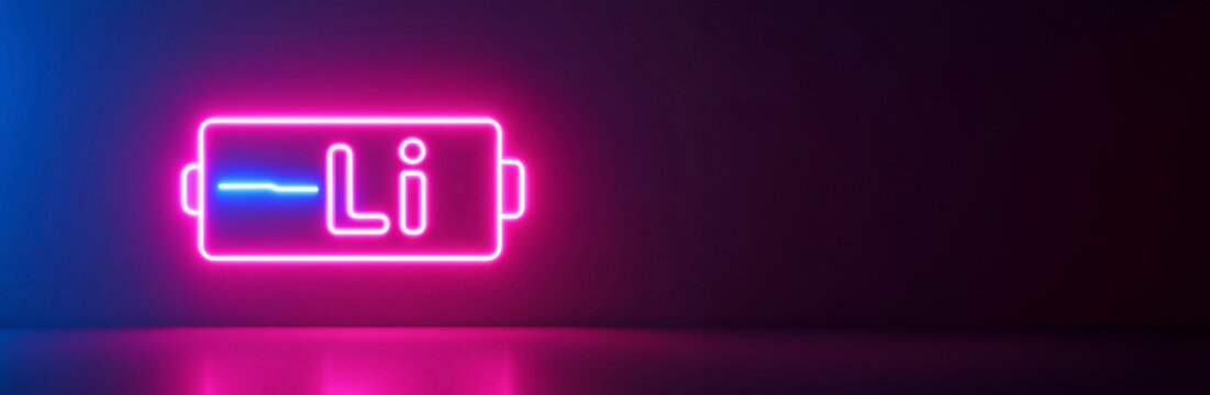 Lithium ion battery symbol. Neon battery icon with LI symbol glowing with pink and blue lights. Neon illustration of rechargeable battery