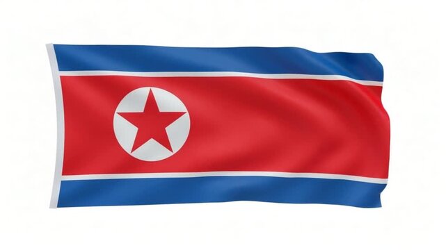 Waving Flag of North Korea - National DPRK Symbol with Red Star and Blue Stripes on White Background