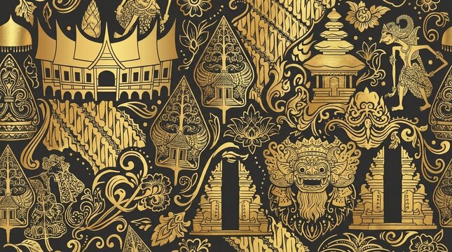 Luxurious seamless golden ethnic pattern featuring traditional Asian architecture, shadow puppets, and floral batik motifs on a dark black background