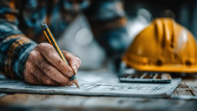 Close-up of a construction worker's hand sketching on a blueprint with a pencil and hard hat nearby
