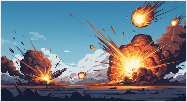 Intense Battle Scene with Explosions and Fiery Projectiles in a Cartoon Style.