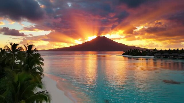 Dramatic Tropical Sunset Over Mountain Island Paradise With Palm Trees And Overwater Bungalows