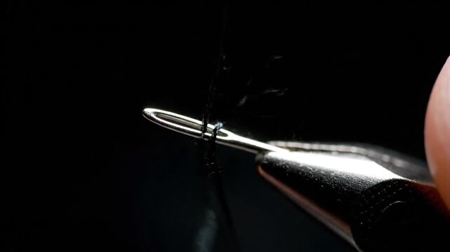 Close-up macro shot of threading a needle with black thread, dark background