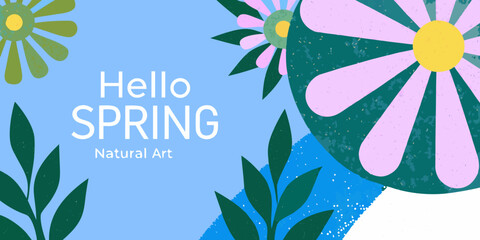 A cheerful hello spring greeting with illustrated flowers and foliage © Dibyendu