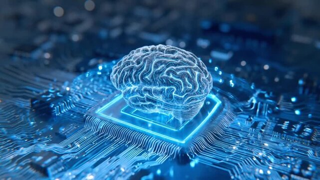 Brain-Computer Interface: A neon-illuminated rendering of a brain placed over a computer chip, symbolizing the technological integration and potential of artificial intelligence. 
