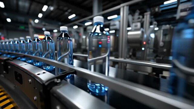 Conveyor system in a modern industrial facility transporting water bottles, highlighting efficient manufacturing and packaging technology.