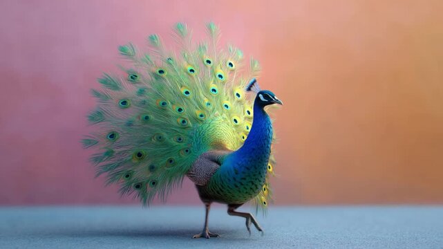 Majestic Peacock in Display: A vibrantly colored peacock struts gracefully, its magnificent tail feathers fanned out in a dazzling display of iridescent beauty.