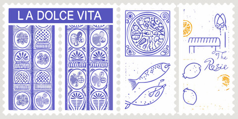 A collection of vintage style stamps featuring italian food and motifs © Dibyendu