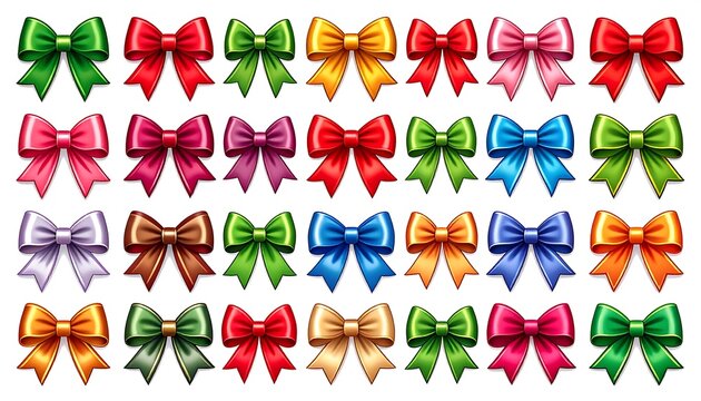 A collection of various colorful, realistic, tied bows with a glossy texture, arranged in an organized grid formation