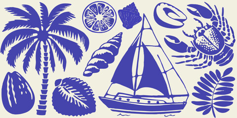 A blue and white illustrated collection of coastal and tropical elements © Dibyendu