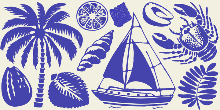 A blue and white illustrated collection of coastal and tropical elements
