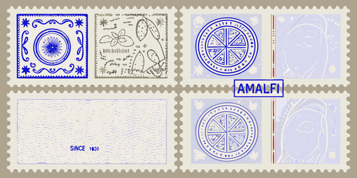 Collection of vintage postage stamps with decorative blue designs