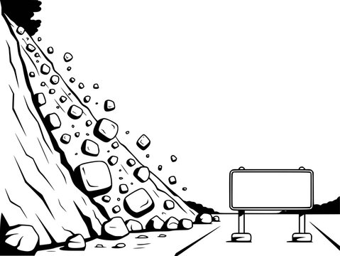 Black and white of a rockslide cascading down a steep cliff onto a road with a blank billboard sign