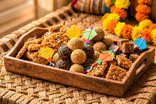 Makar Sankranti traditional sweets with til gul laddu and peanut chikki on wooden tray with paper kites