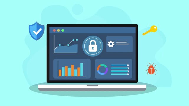 Animated laptop displaying secure data analytics dashboard with lock symbol, charts, shield, key, and bug icons. Concept of cybersecurity, malware protection, digital monitoring, and secure data syste