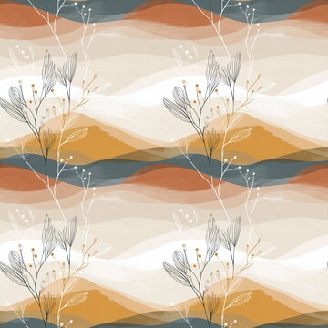 Seamless Pattern Boho Botanical Line Art Meadow Design in Earthy Colors with Subtle Clay Shapes