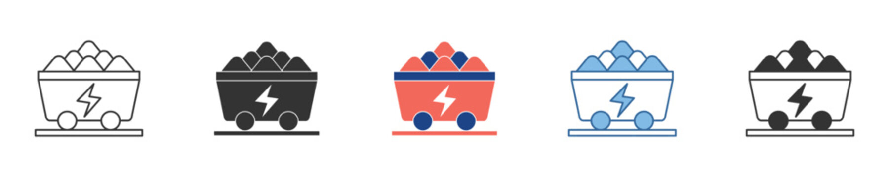 Collection of diverse flat icons featuring a mine cart loaded with resources, accented by a lightning bolt, symbolizing energy, power, and industrial supply