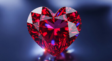 Fototapeta premium A radiant heart-shaped ruby gemstone, exquisitely cut and shimmering with brilliant facets, symbolizing deep love, passion, and elegance on a sophisticated dark backdrop