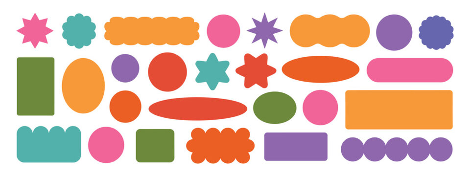 colorful round and oval, rectangular and square, arch shapes with curvy edges, cute abstract geometric elements collection, modern decorative frames and blobs, playful flat vector design.