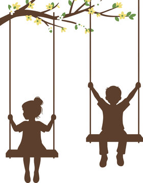 Silhouette of a Little Boy and Girl Sitting on Swings Hanging from a Spring Tree Branch with Yellow Flowers Isolated on White Background