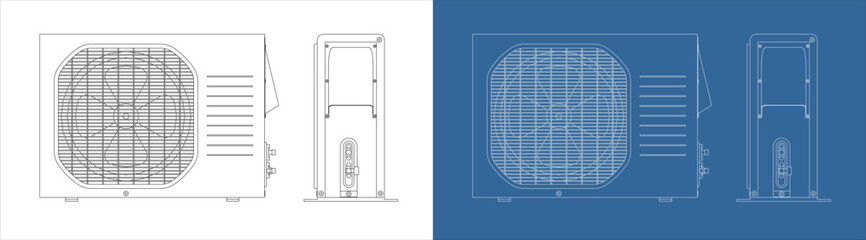 Set of Outdoor Air Conditioner Condenser Units Technical Drawing Blueprint and Line Art