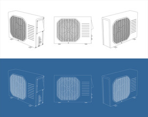 Isometric Perspective Outdoor Air Conditioner Condenser Unit Technical Drawing Blueprint