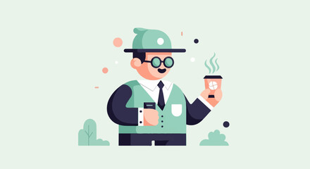 Businessman holding a cup of coffee and a phone, in flat illustration style