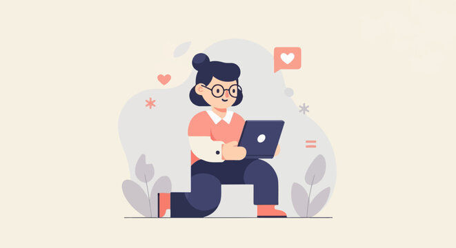 Animated person with glasses and bun using a laptop, with hearts
