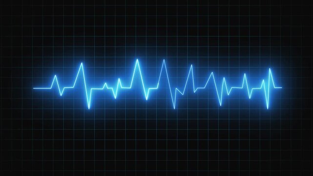 Glowing heartbeat waveform against dark grid backdrop. Glowing heartbeat waveform medical monitoring concept. Glowing heartbeat waveform digital interface visual.