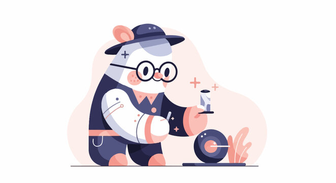 Anthropomorphic mouse scientist mixes solution in beaker, wearing glasses and hat