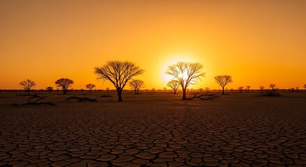 Golden hour sunrise over cracked earth, silhouettes of trees in arid African landscape