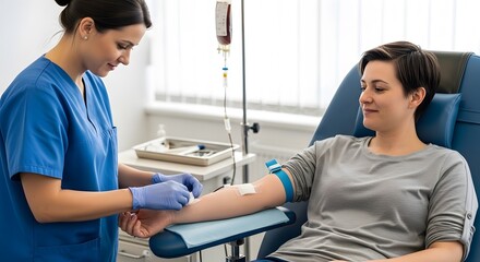 Obraz premium Donor sitting in a medical chair during blood collection. Concept of donation, community health support, and World Blood Donor Day