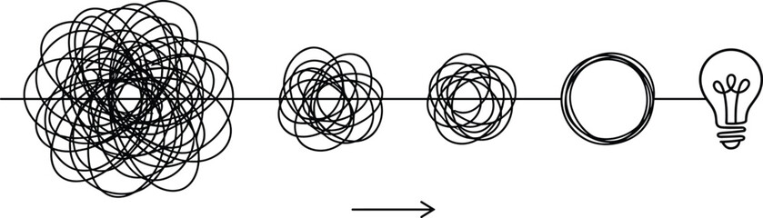 Naklejka premium From confusion to clarity concept line drawing showing messy scribble transforming into clear idea lightbulb creative thinking vector illustration