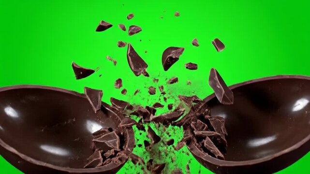 Ovo de P&aacute;scoa de chocolate quebrando ao meio isolado em fundo verde chroma key.