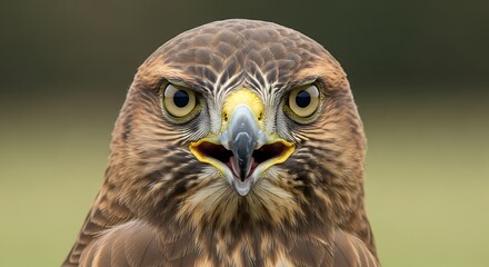 Close up of a hawk with open beak against a blurry green background