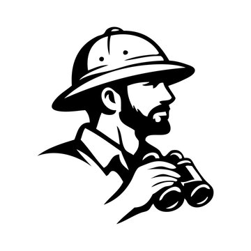 Logo explorador. Icono con cabeza de hombre con sombrero de safari sujetando unos prism&aacute;ticos, visto de perfil 