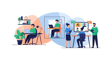 Fototapeta premium Dynamic Workplace: Remote Work, Office Tasks & Virtual Meetings for Hybrid Teams